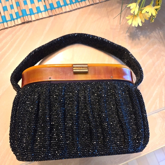 Rare Find Vintage Black Heavily Beaded & Pleated Box Purse 1940s - Picture 4 of 17